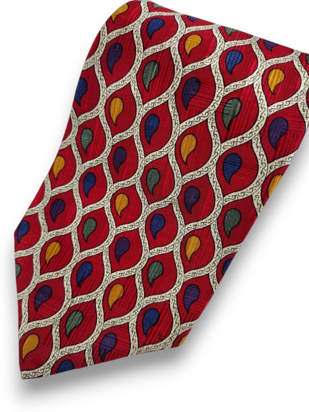 Vintage 1980s Jos A Bank Red Quirky Geometric Print Silk Necktie 3.75 x 56.5